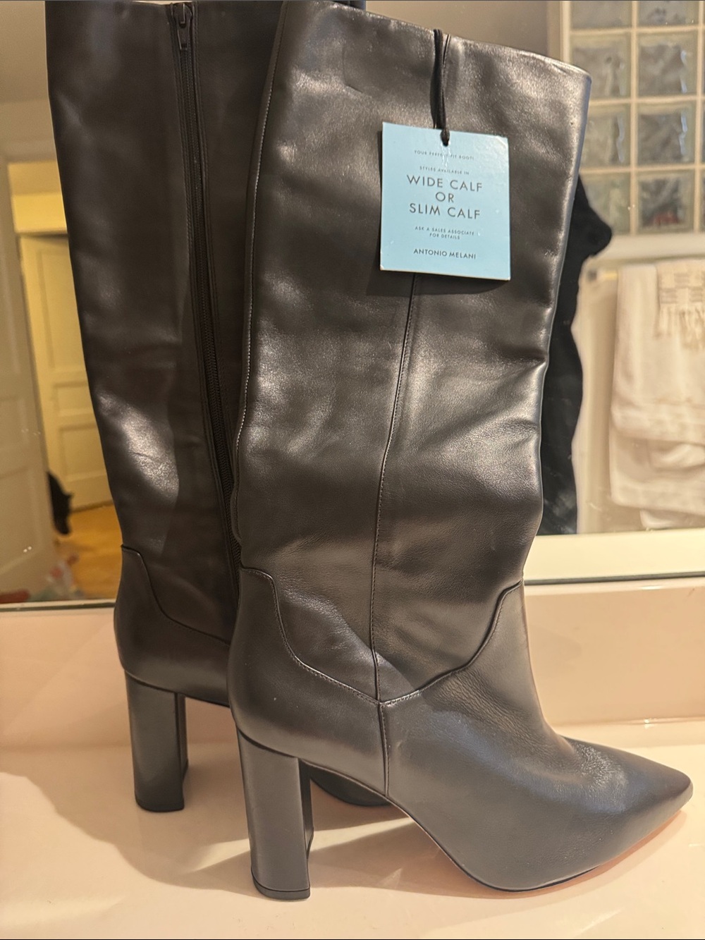 ANTONIO MELANI Black Leather Knee-High Block Heel Boots 9.5